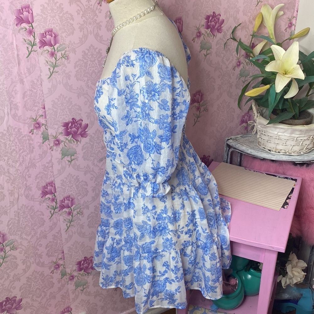 🌹 Trixxi 🌹 NWT Blue & White Floral Ruffle Babydoll Dress - Picture 9 of 16
